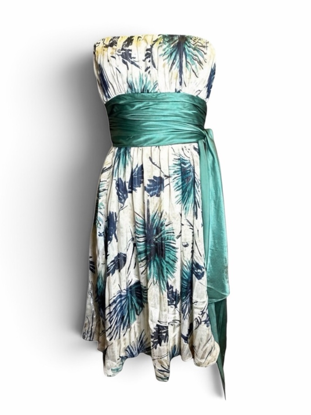 Y2K Strapless Teal Floral Handkerchief Hem Fairy Dress Satin Sash